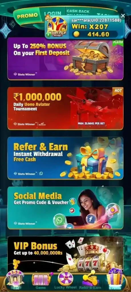Slots Winner | Get ₹11 - ₹77 Free Bonus Now & Win Real Cash 2026 2 colourful screen of slots winner events